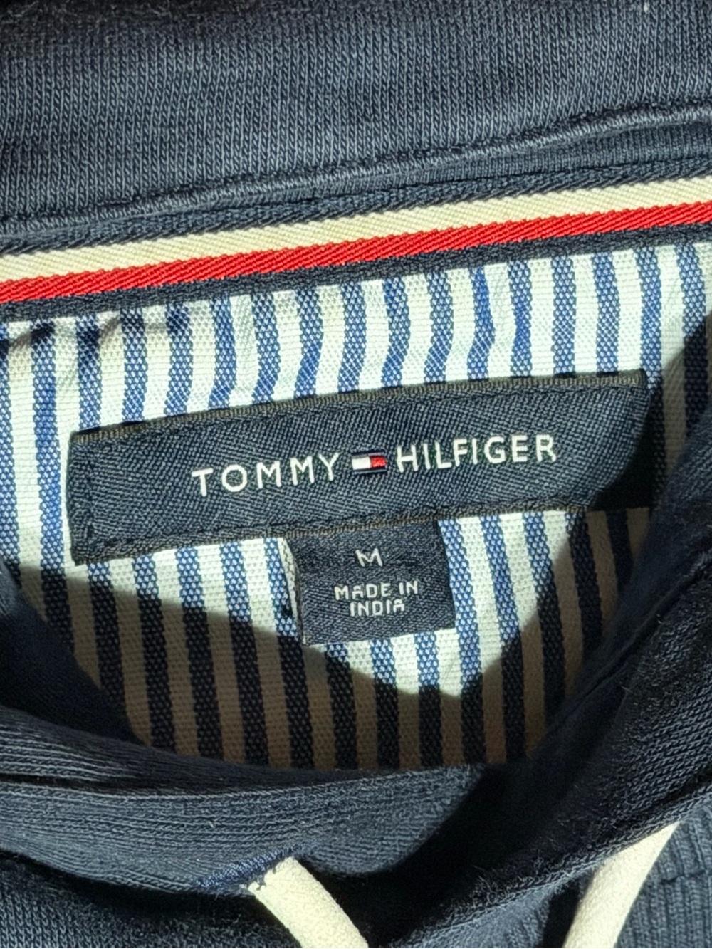 Tommy Hilfiger Navy Hoodie with Red & White Sleeve Stripes - Picture 6 of 10